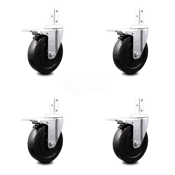 5 Inch Hard Rubber Wheel Swivel 3/4 Inch Square Stem Caster Set Total Lock Brake